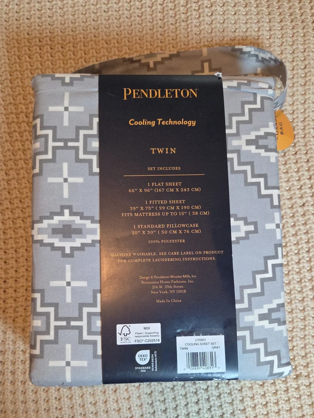 Pendleton Cooling Technology Twin Sheet Set In Grey Aztec